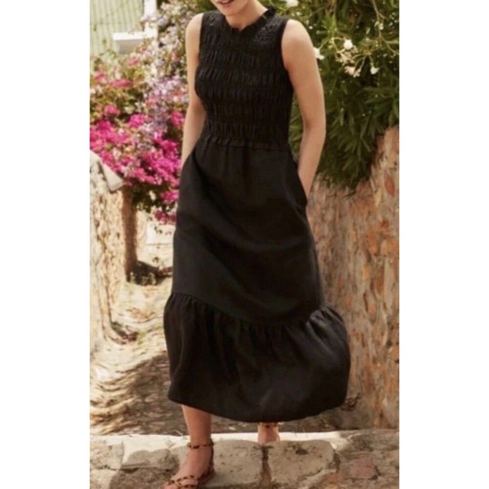 Boden Smocked Black 100% Linen Midi Dress Women’s 10R Sleeveless Coastal Resort
